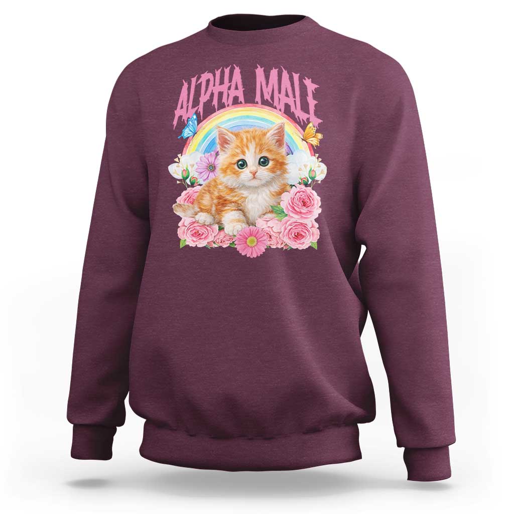Alpha Male Funny Cat Sweatshirt Vintage 90s Kitten Rainbow Floral Butterflies