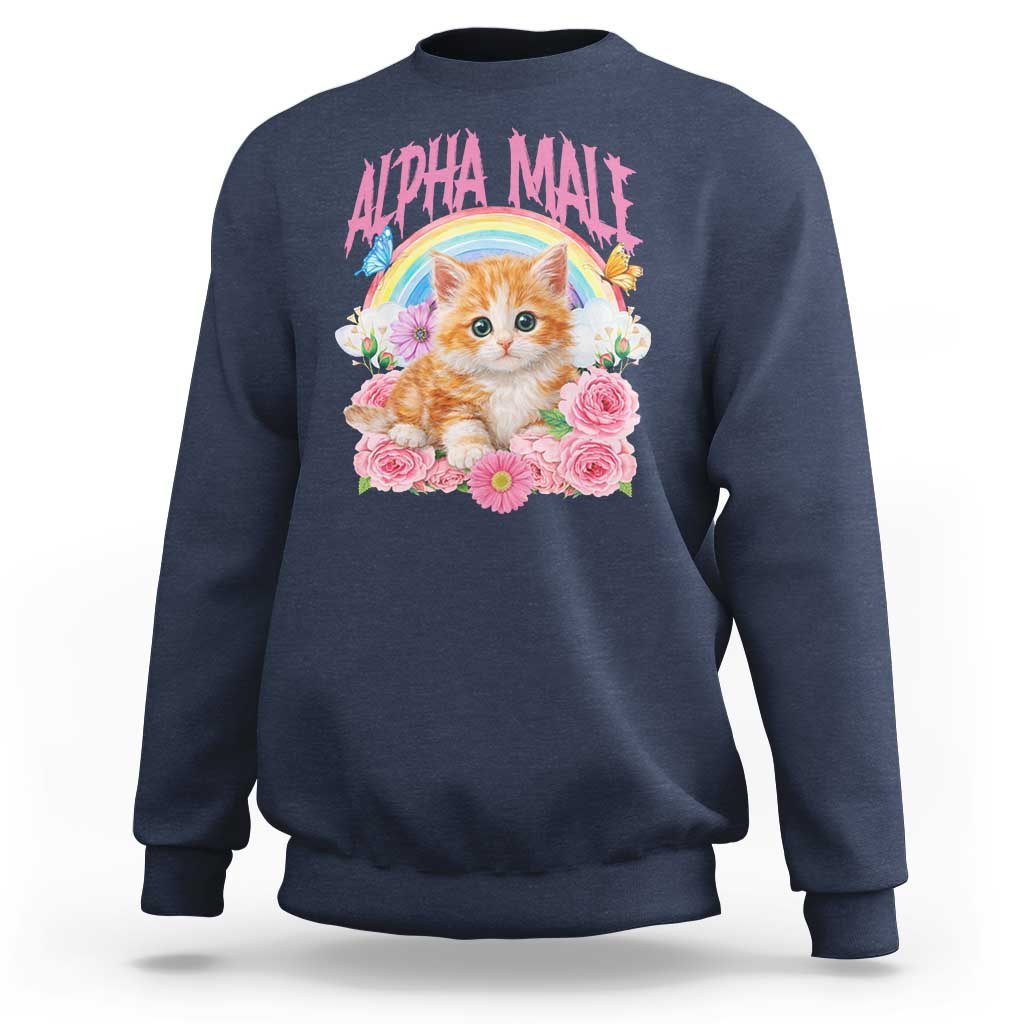 Alpha Male Funny Cat Sweatshirt Vintage 90s Kitten Rainbow Floral Butterflies