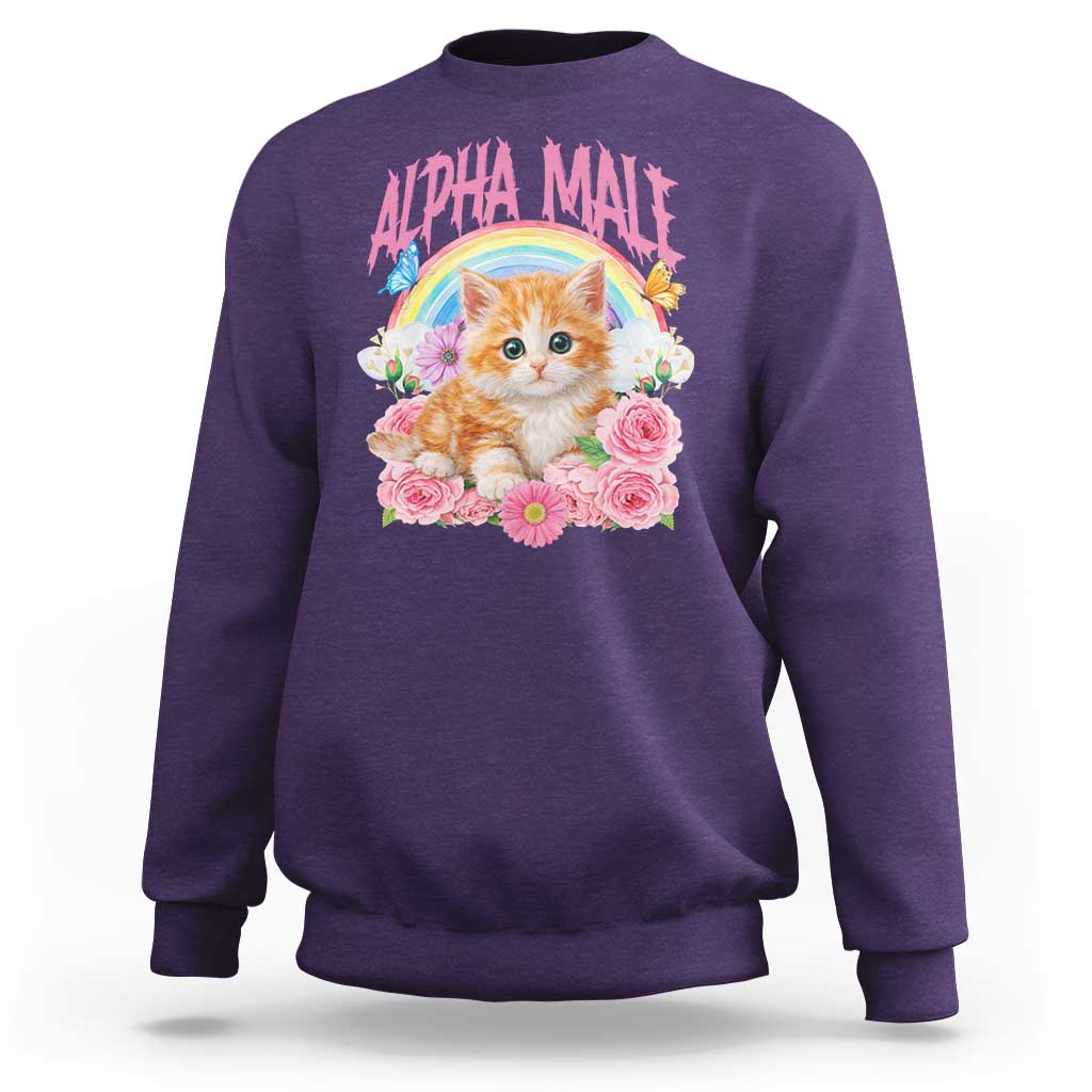 Alpha Male Funny Cat Sweatshirt Vintage 90s Kitten Rainbow Floral Butterflies