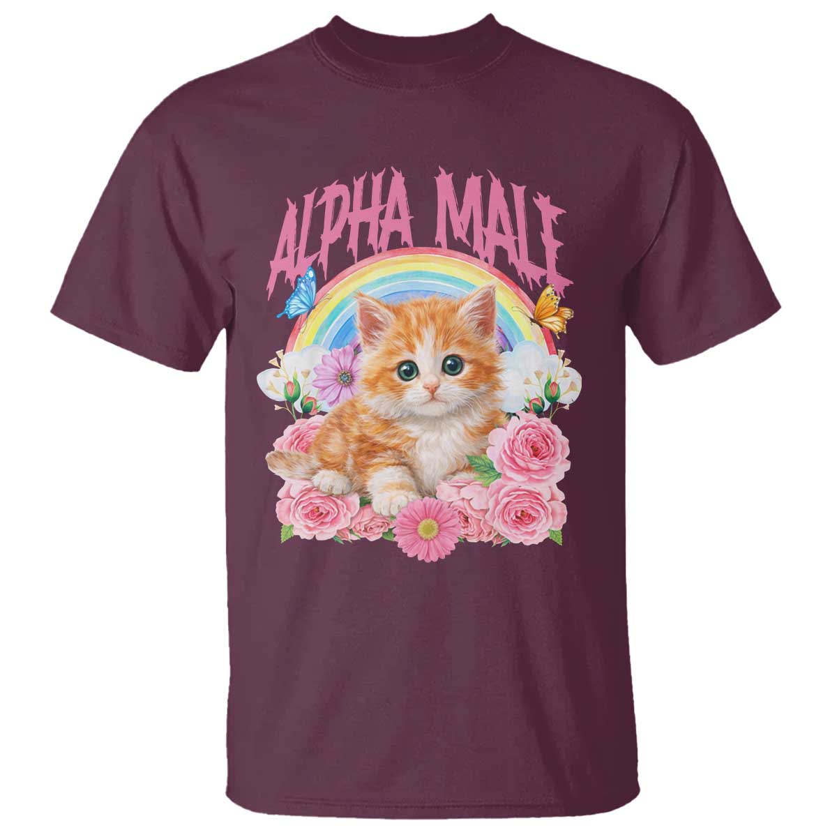 Alpha Male Funny Cat T Shirt Vintage 90s Kitten Rainbow Floral Butterflies