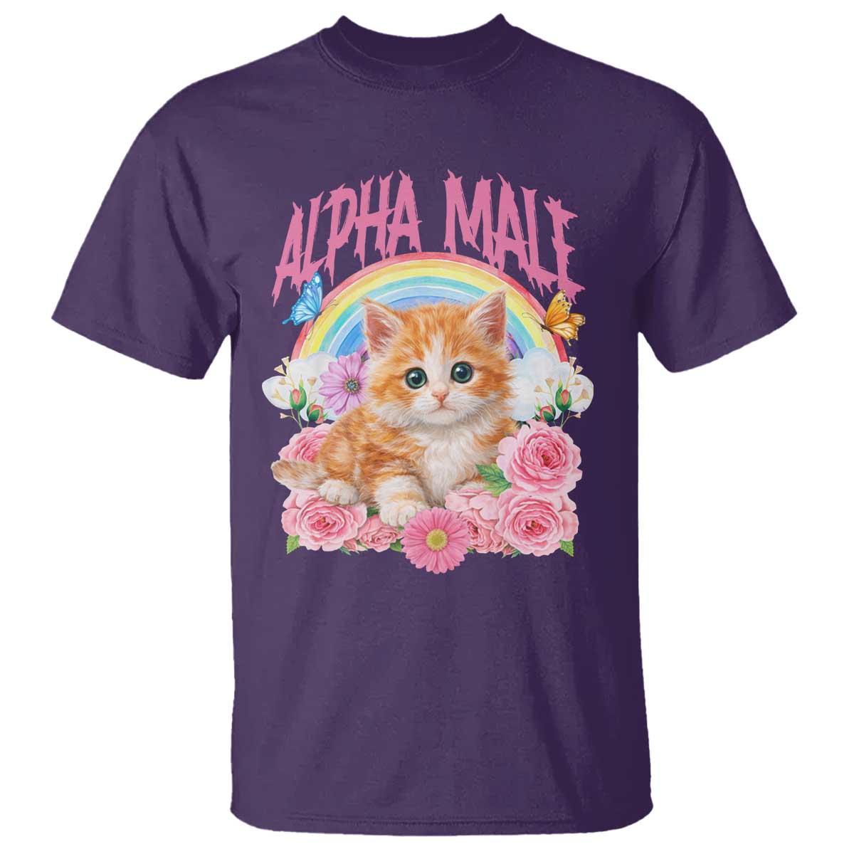 Alpha Male Funny Cat T Shirt Vintage 90s Kitten Rainbow Floral Butterflies