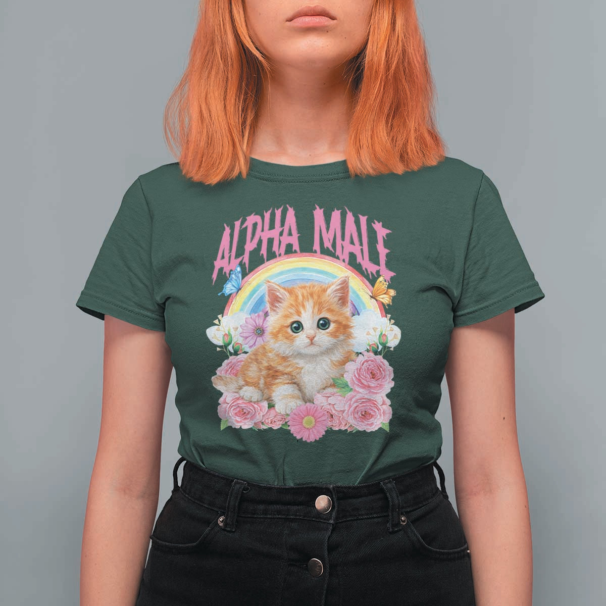 Alpha Male Funny Cat T Shirt For Women Vintage 90s Kitten Rainbow Floral Butterflies