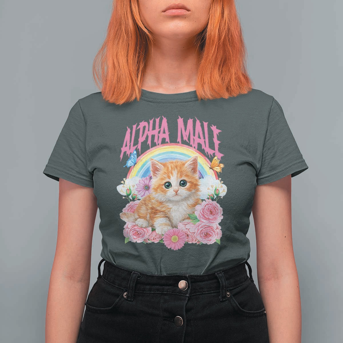 Alpha Male Funny Cat T Shirt For Women Vintage 90s Kitten Rainbow Floral Butterflies