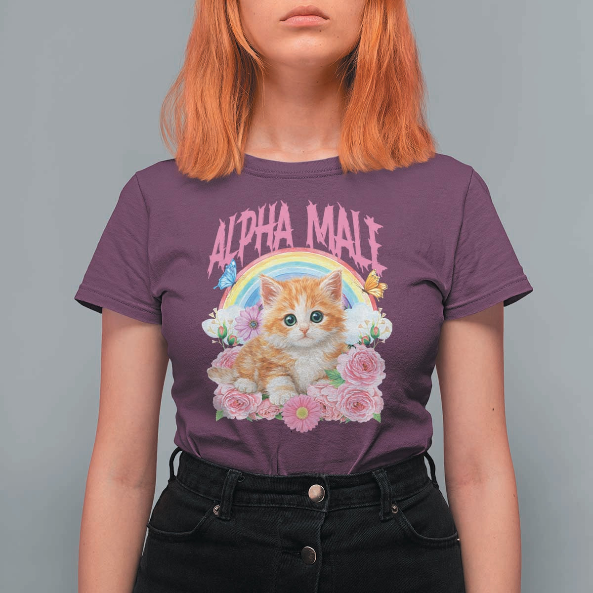 Alpha Male Funny Cat T Shirt For Women Vintage 90s Kitten Rainbow Floral Butterflies