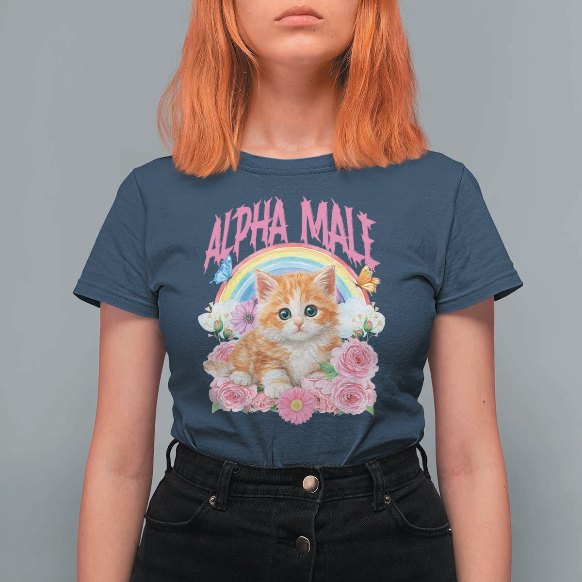 Alpha Male Funny Cat T Shirt For Women Vintage 90s Kitten Rainbow Floral Butterflies