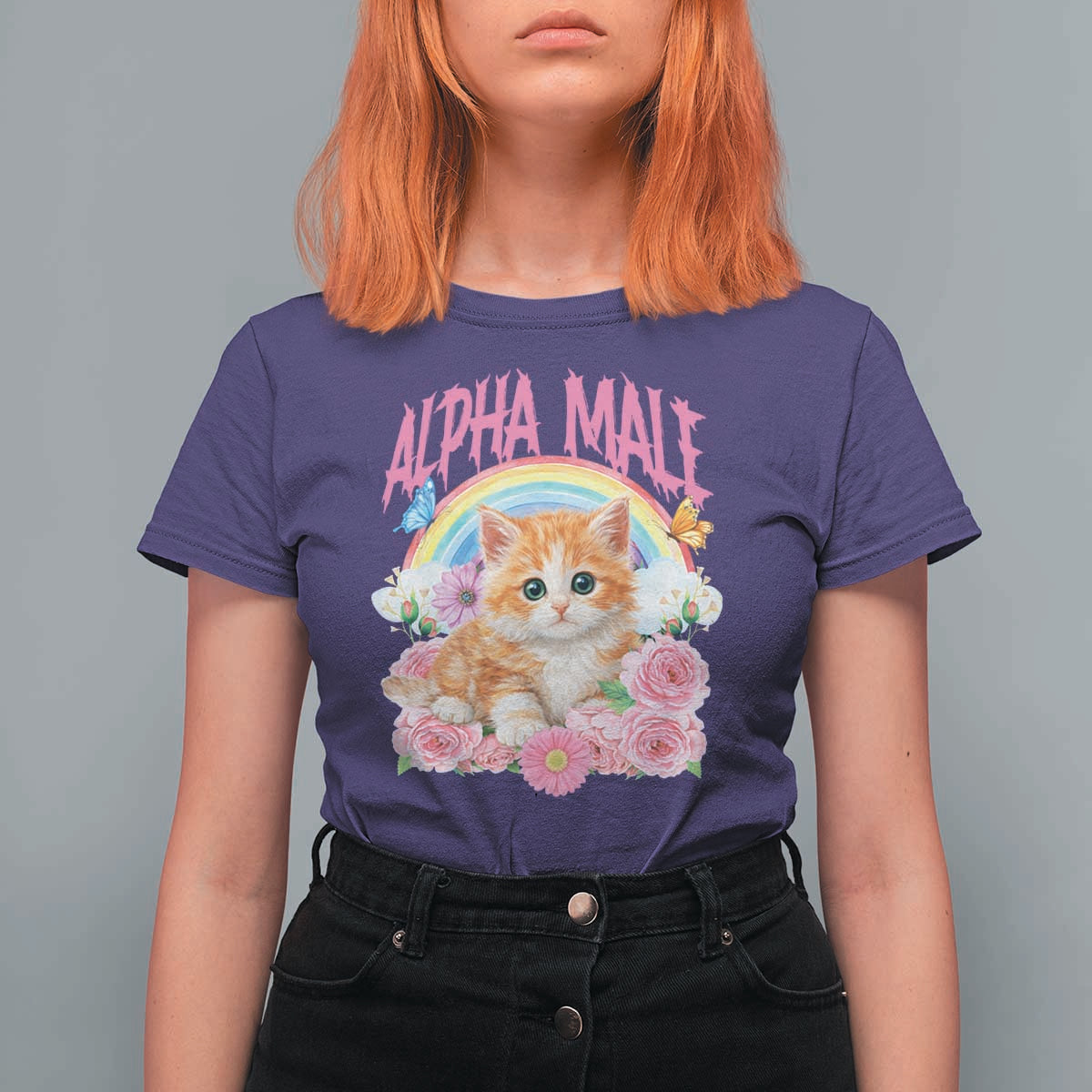 Alpha Male Funny Cat T Shirt For Women Vintage 90s Kitten Rainbow Floral Butterflies