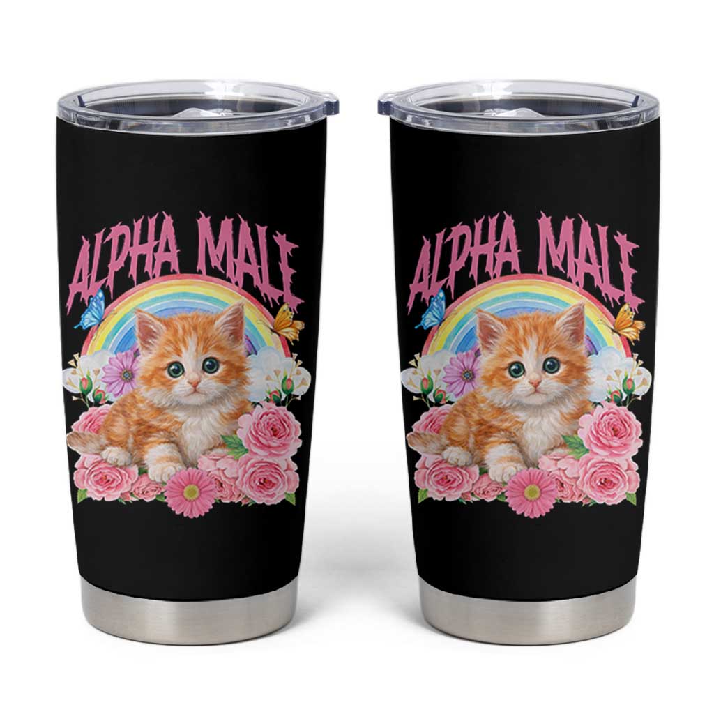 Alpha Male Funny Cat Tumbler Cup Vintage 90s Kitten Rainbow Floral Butterflies