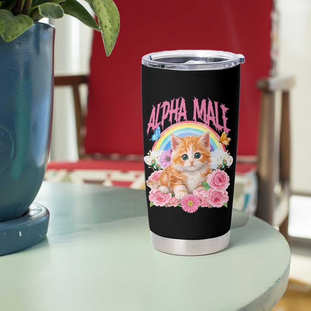 Alpha Male Funny Cat Tumbler Cup Vintage 90s Kitten Rainbow Floral Butterflies