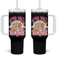 Alpha Male Funny Cat Tumbler With Handle Vintage 90s Kitten Rainbow Floral Butterflies