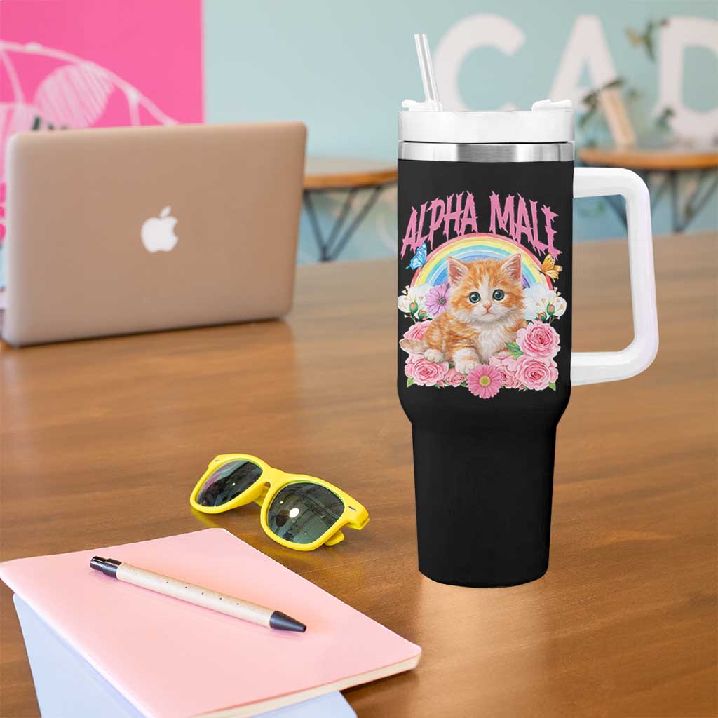 Alpha Male Funny Cat Tumbler With Handle Vintage 90s Kitten Rainbow Floral Butterflies