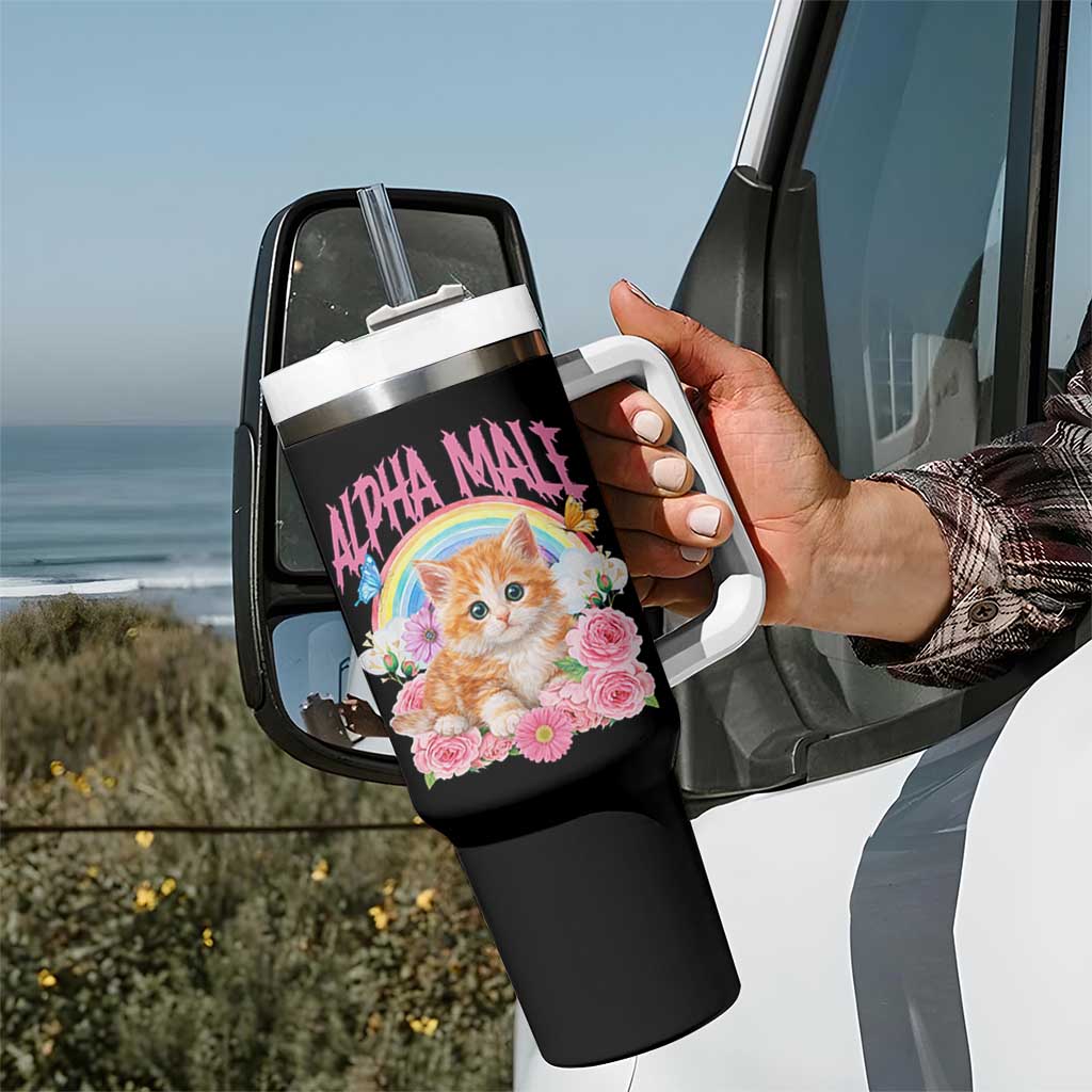 Alpha Male Funny Cat Tumbler With Handle Vintage 90s Kitten Rainbow Floral Butterflies