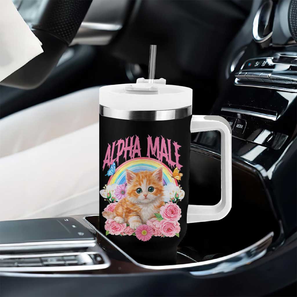 Alpha Male Funny Cat Tumbler With Handle Vintage 90s Kitten Rainbow Floral Butterflies