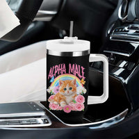 Alpha Male Funny Cat Tumbler With Handle Vintage 90s Kitten Rainbow Floral Butterflies