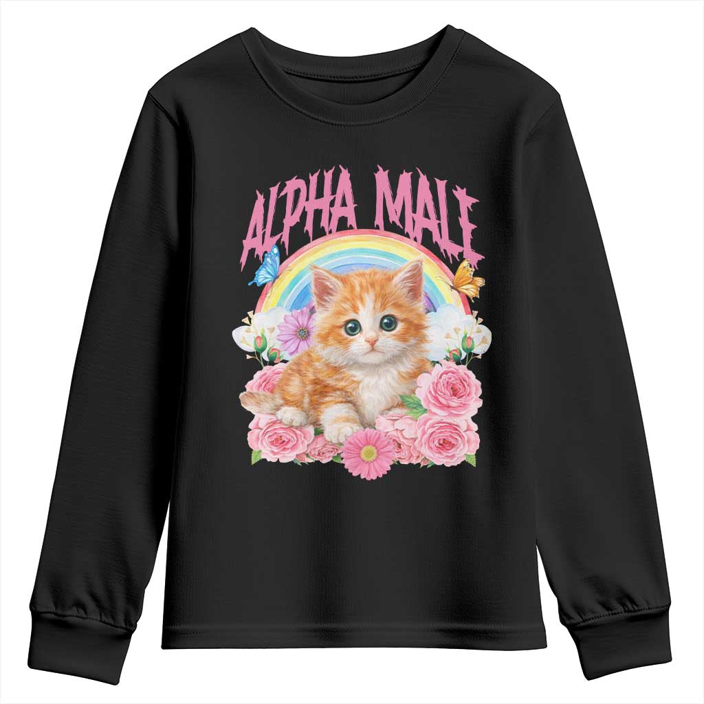 Alpha Male Funny Cat Youth Sweatshirt Vintage 90s Kitten Rainbow Floral Butterflies