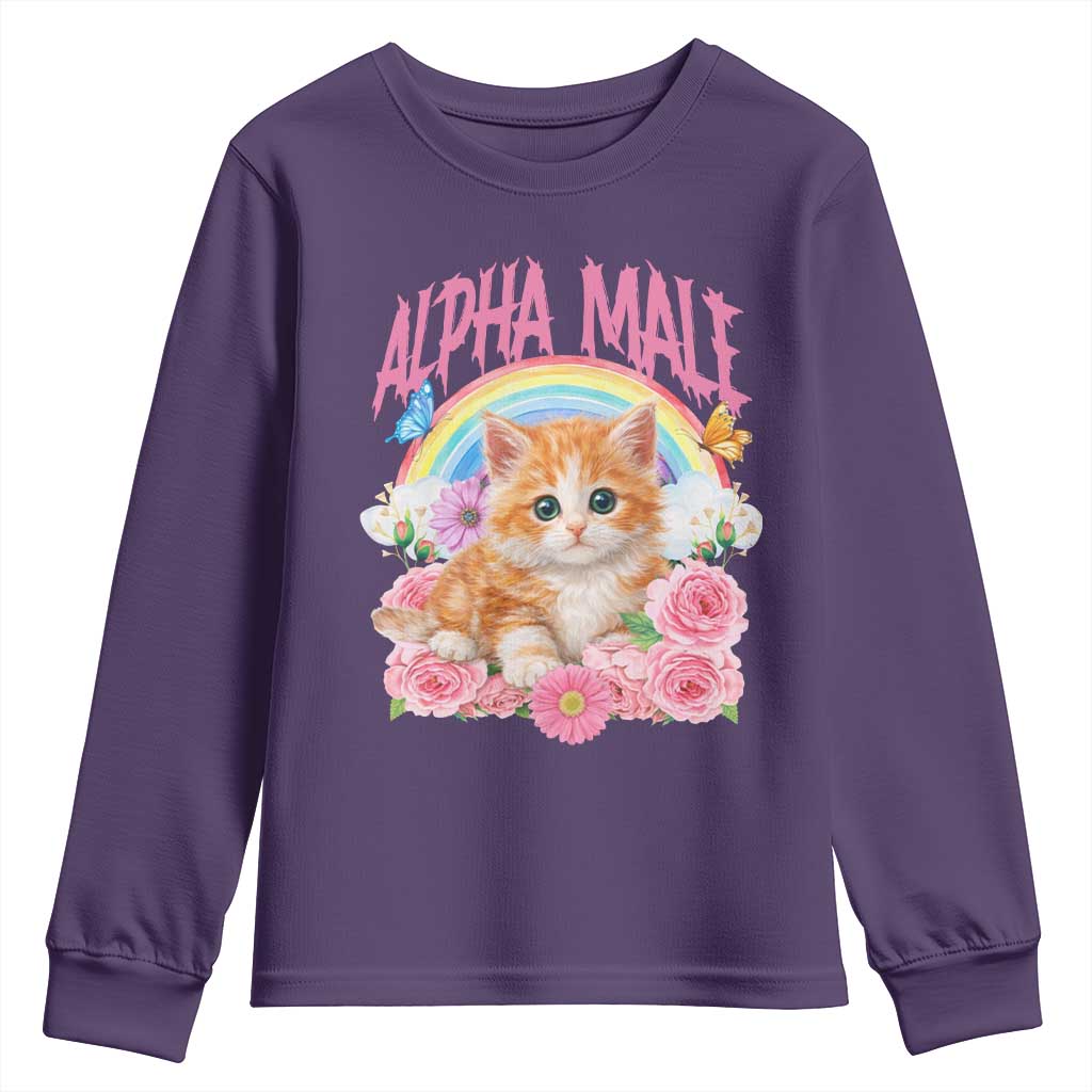 Alpha Male Funny Cat Youth Sweatshirt Vintage 90s Kitten Rainbow Floral Butterflies