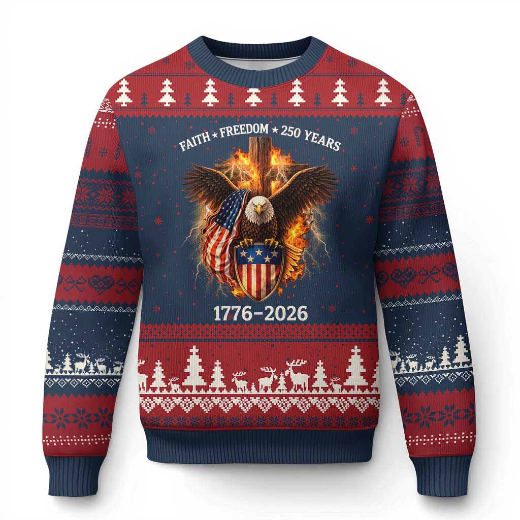 Faith Freedom 250 Years Ugly Christmas Sweater Christian USA Independence 1776 2026 Bald Eagle