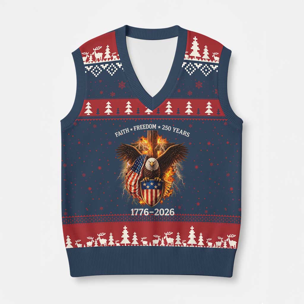 Faith Freedom 250 Years V-Neck Knit Sweater Vest Christian USA Independence 1776 2026 Bald Eagle