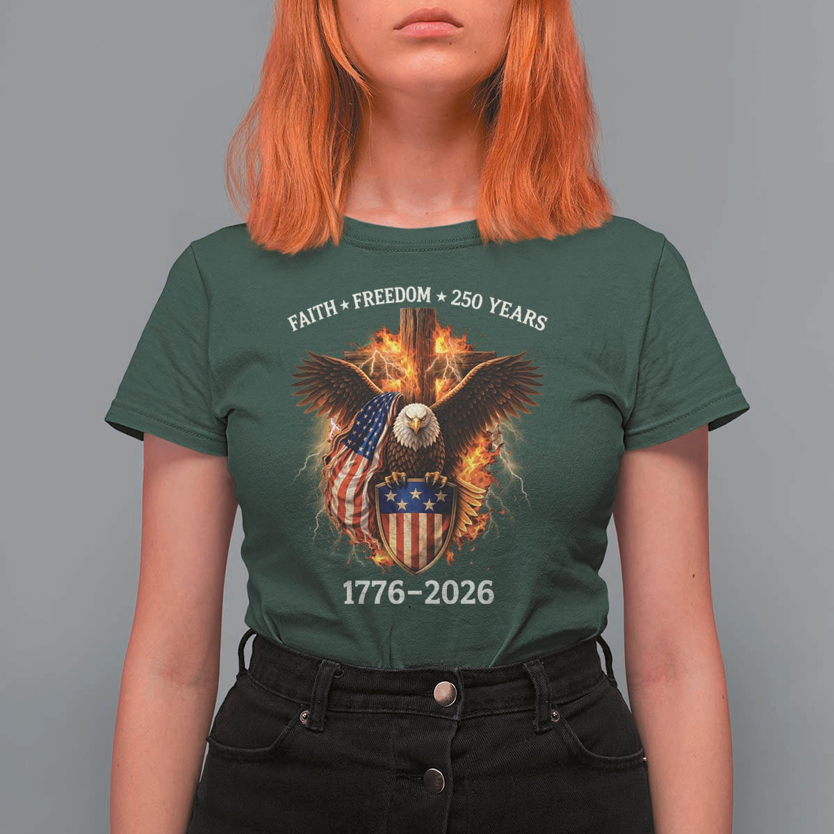 Faith Freedom 250 Years T Shirt For Women Christian USA Independence 1776 2026 Bald Eagle
