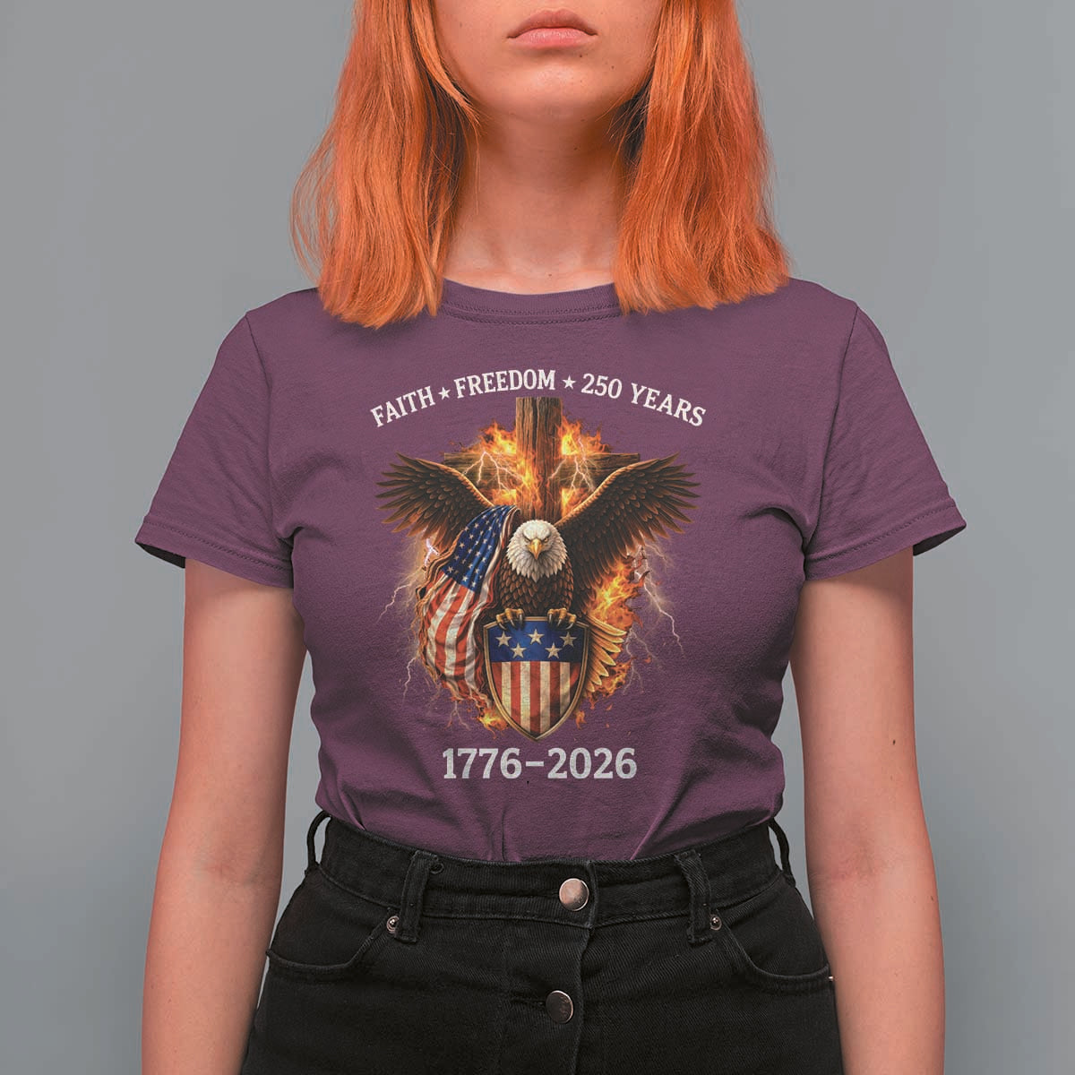 Faith Freedom 250 Years T Shirt For Women Christian USA Independence 1776 2026 Bald Eagle