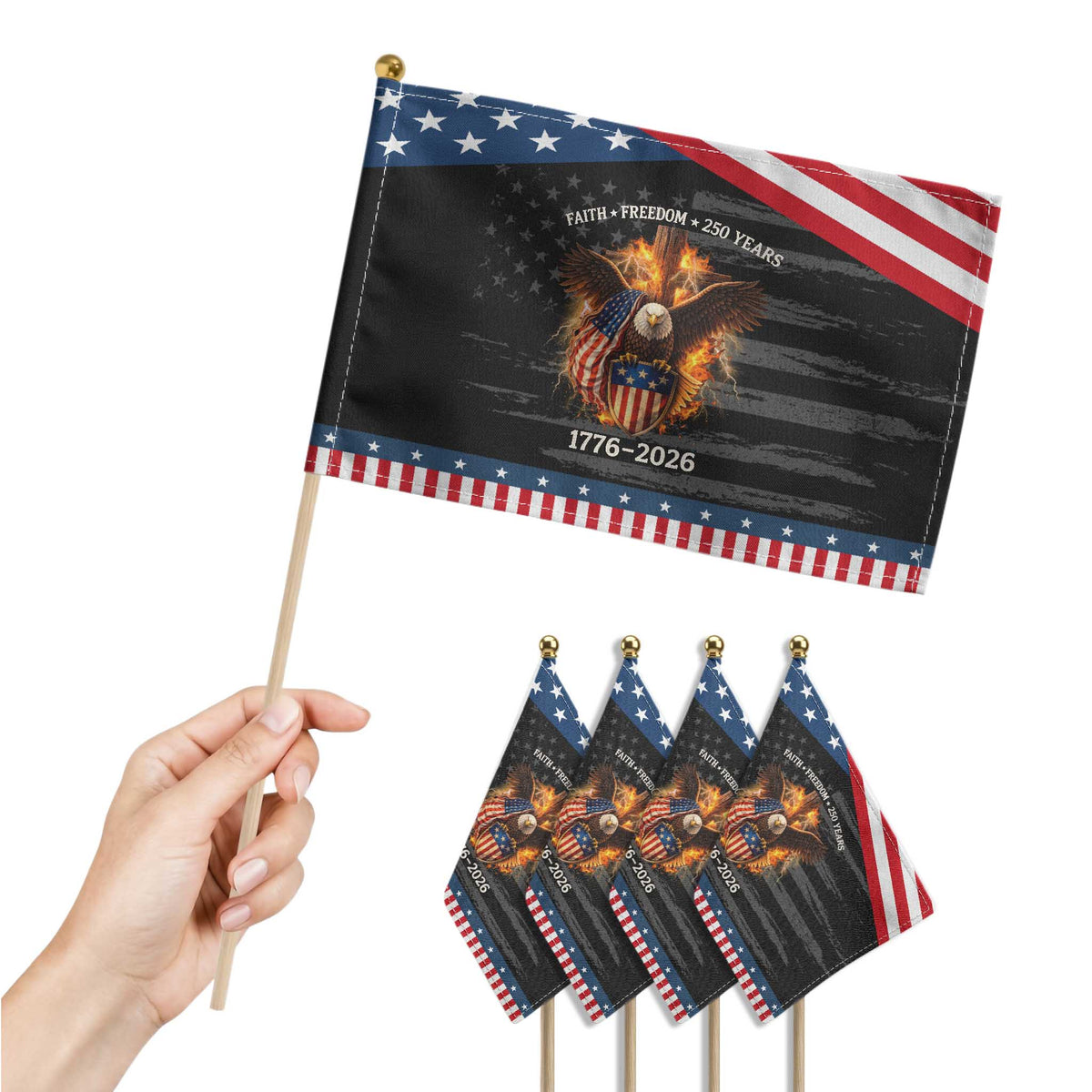 Faith Freedom 250 Years Patriotic Handheld Flag Christian USA Independence 1776 2026 Bald Eagle