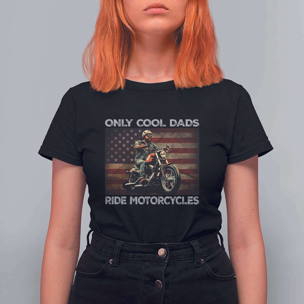 Only Cool Dads Ride Motorcycle T Shirt For Women Vintage USA Flag Father's Day - Wonder Print Shop