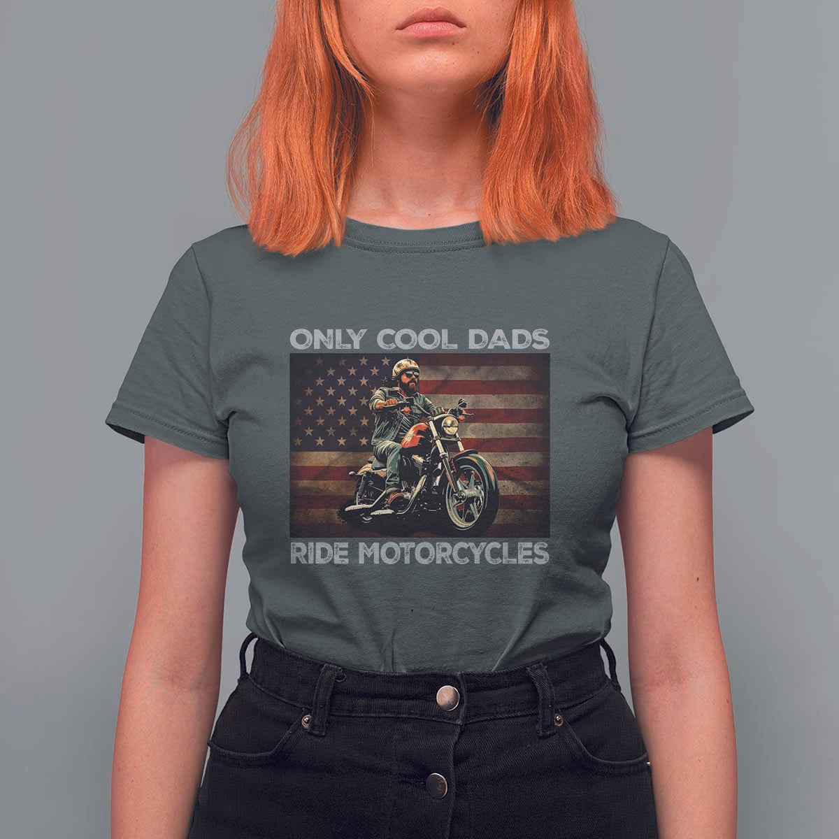 Only Cool Dads Ride Motorcycle T Shirt For Women Vintage USA Flag Father's Day - Wonder Print Shop
