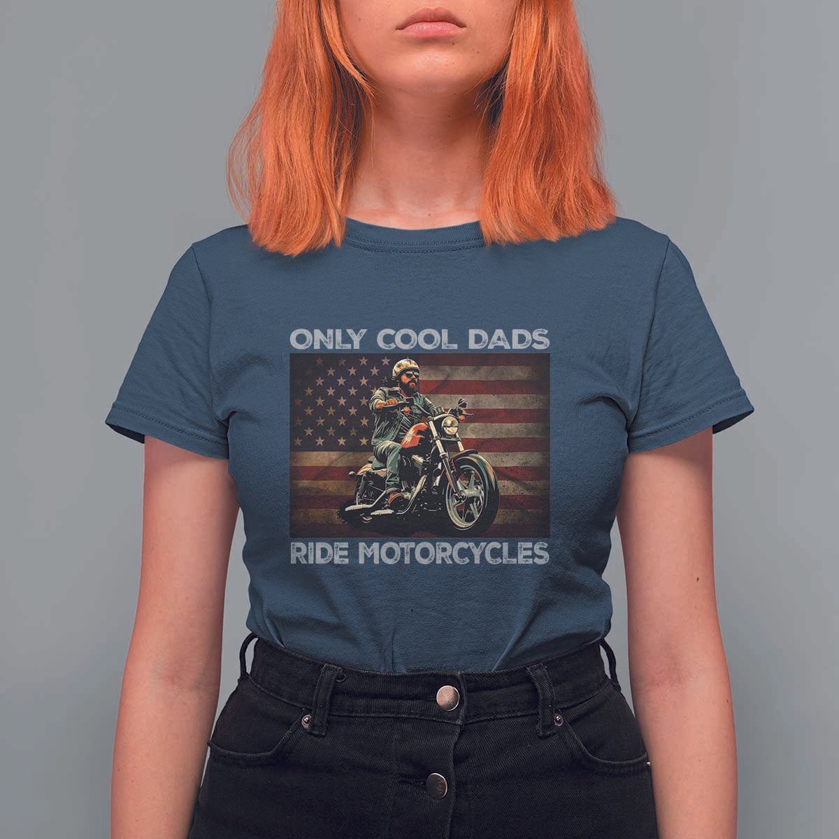 Only Cool Dads Ride Motorcycle T Shirt For Women Vintage USA Flag Father's Day - Wonder Print Shop