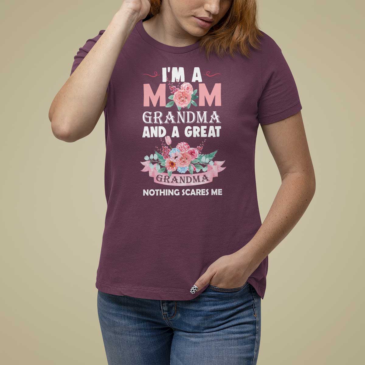 Mother T Shirt For Women I'm A Mom Grandma And A Great Grandma Nothing Scares Me Carnation Flower Mother's Day - Wonder Print Shop