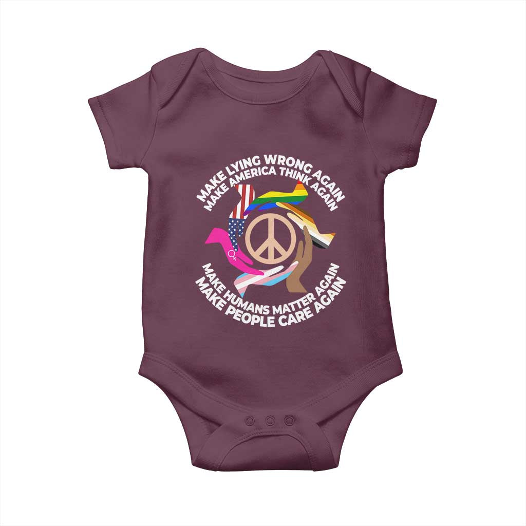Make Lying Wrong Again Make America Think Again Baby Onesie Human’s Rights Hand Peace