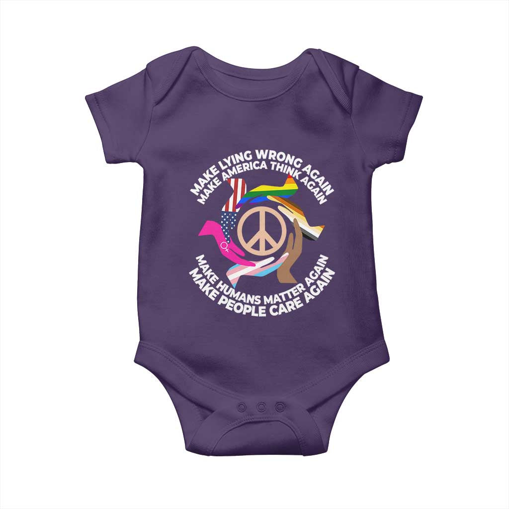 Make Lying Wrong Again Make America Think Again Baby Onesie Human’s Rights Hand Peace