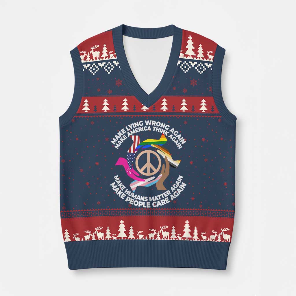 Make Lying Wrong Again Make America Think Again V-Neck Knit Sweater Vest Human’s Rights Hand Peace - Wonder Print Shop