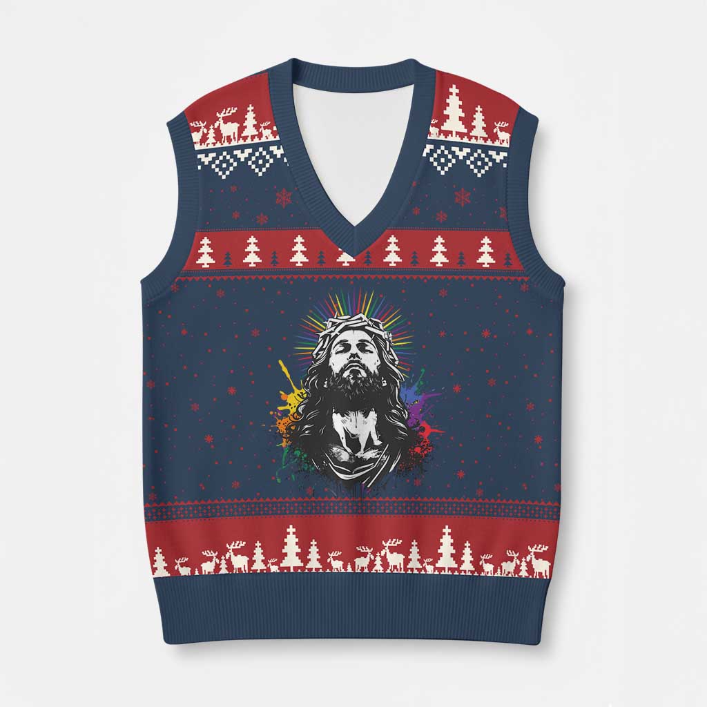 Funny LGBT Gay Pride Jesus Rainbow Flag Christian V-Neck Knit Sweater Vest - Wonder Print Shop