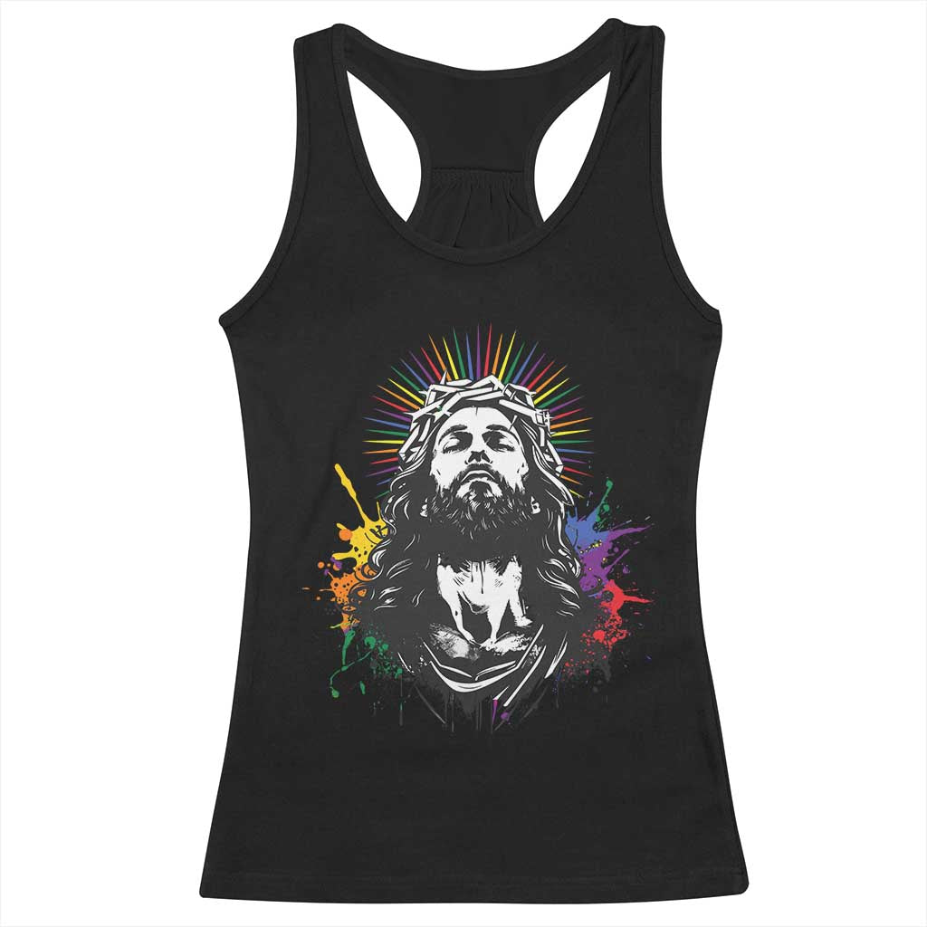 Funny LGBT Gay Pride Jesus Rainbow Flag Christian Racerback Tank Top