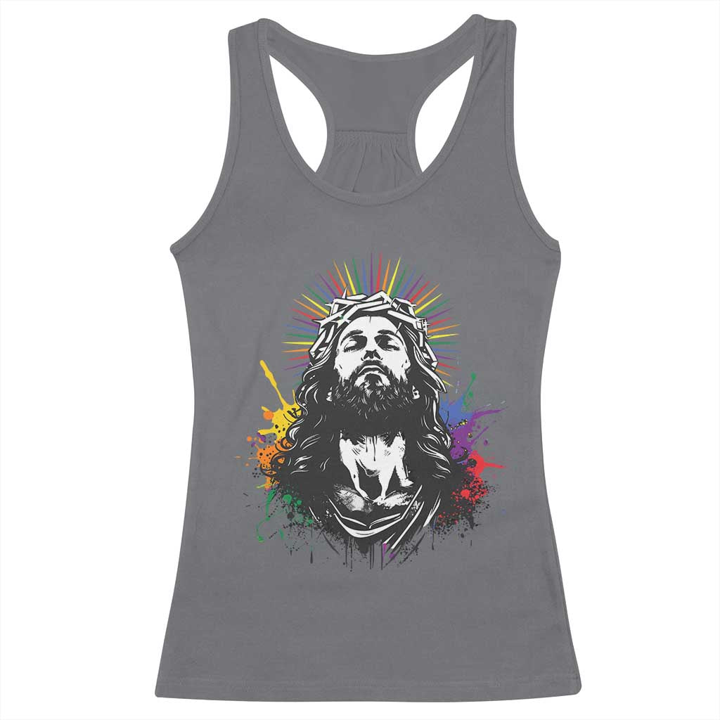 Funny LGBT Gay Pride Jesus Rainbow Flag Christian Racerback Tank Top