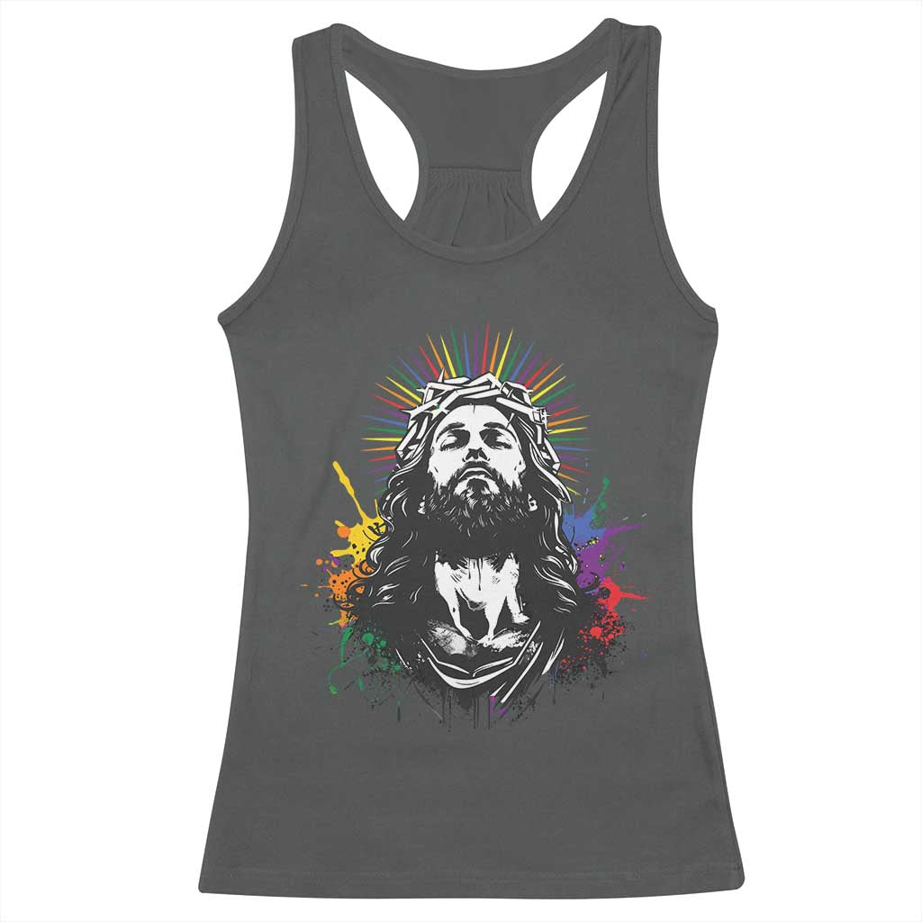 Funny LGBT Gay Pride Jesus Rainbow Flag Christian Racerback Tank Top