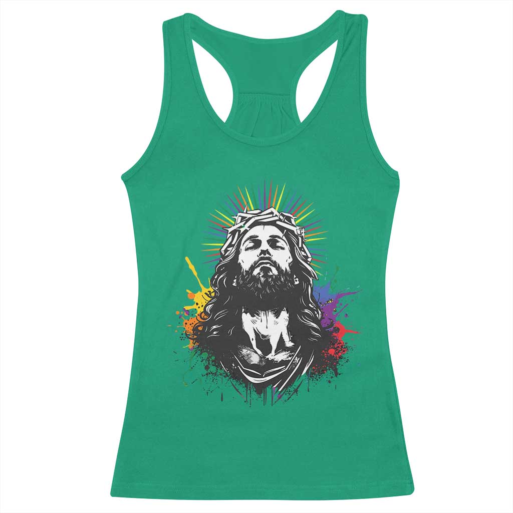 Funny LGBT Gay Pride Jesus Rainbow Flag Christian Racerback Tank Top