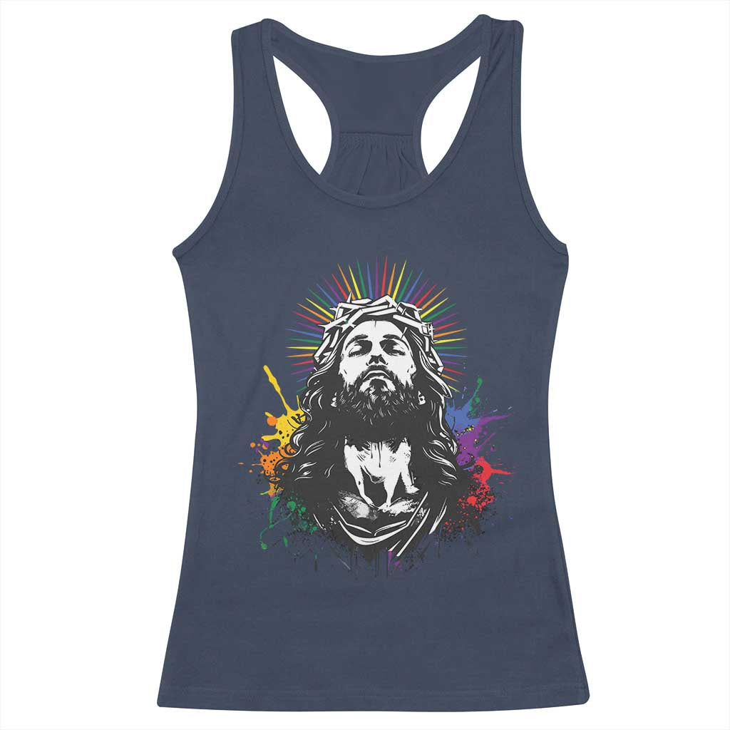 Funny LGBT Gay Pride Jesus Rainbow Flag Christian Racerback Tank Top