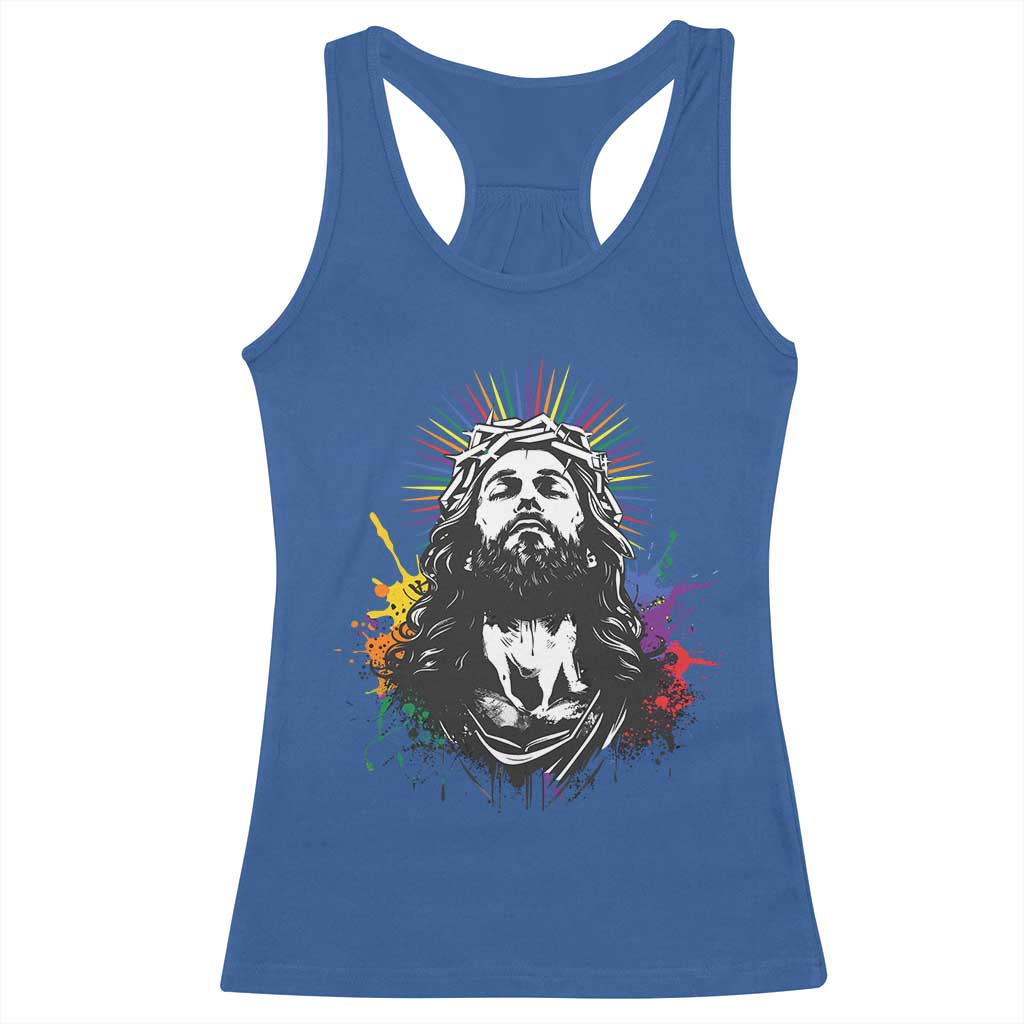 Funny LGBT Gay Pride Jesus Rainbow Flag Christian Racerback Tank Top