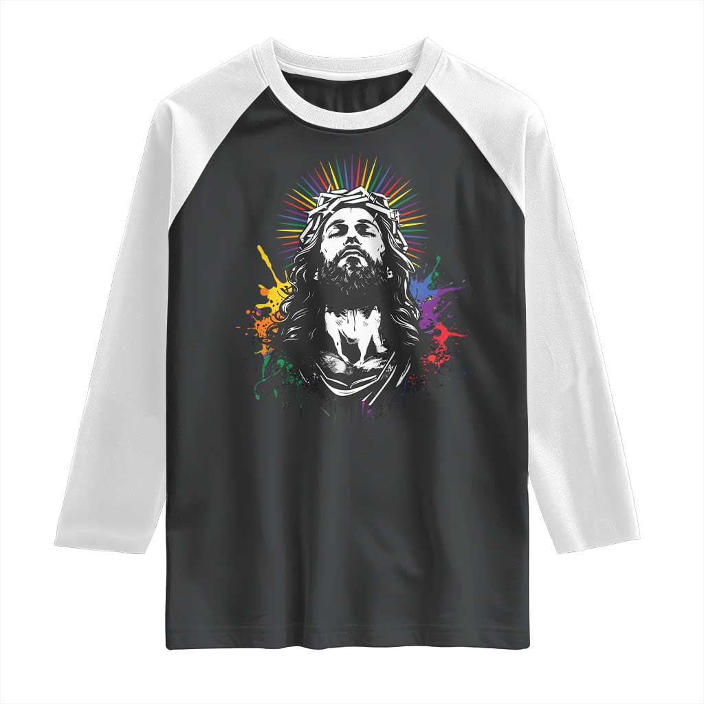 Funny LGBT Gay Pride Jesus Rainbow Flag Christian Raglan Shirt