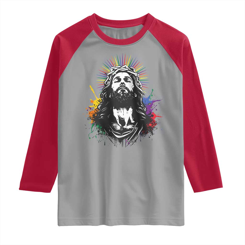 Funny LGBT Gay Pride Jesus Rainbow Flag Christian Raglan Shirt