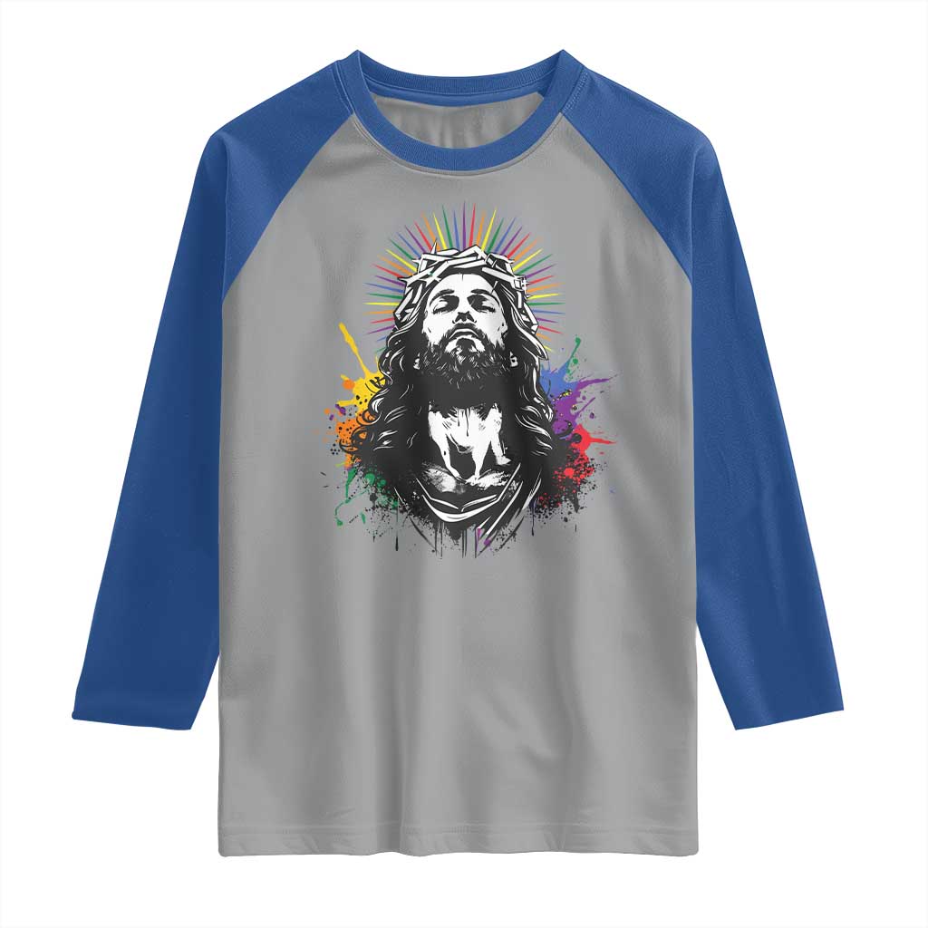 Funny LGBT Gay Pride Jesus Rainbow Flag Christian Raglan Shirt