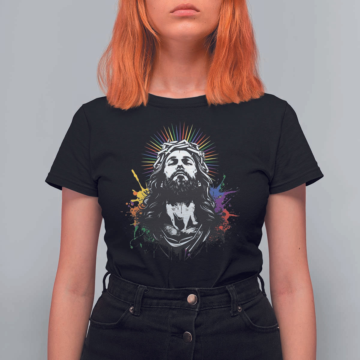 Funny LGBT Gay Pride Jesus Rainbow Flag Christian T Shirt For Women