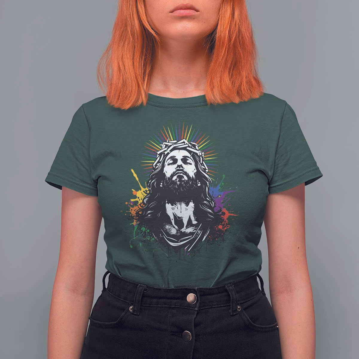 Funny LGBT Gay Pride Jesus Rainbow Flag Christian T Shirt For Women