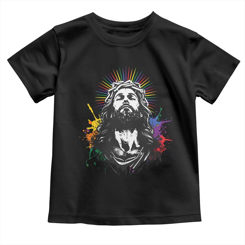 Funny LGBT Gay Pride Jesus Rainbow Flag Christian Toddler T Shirt