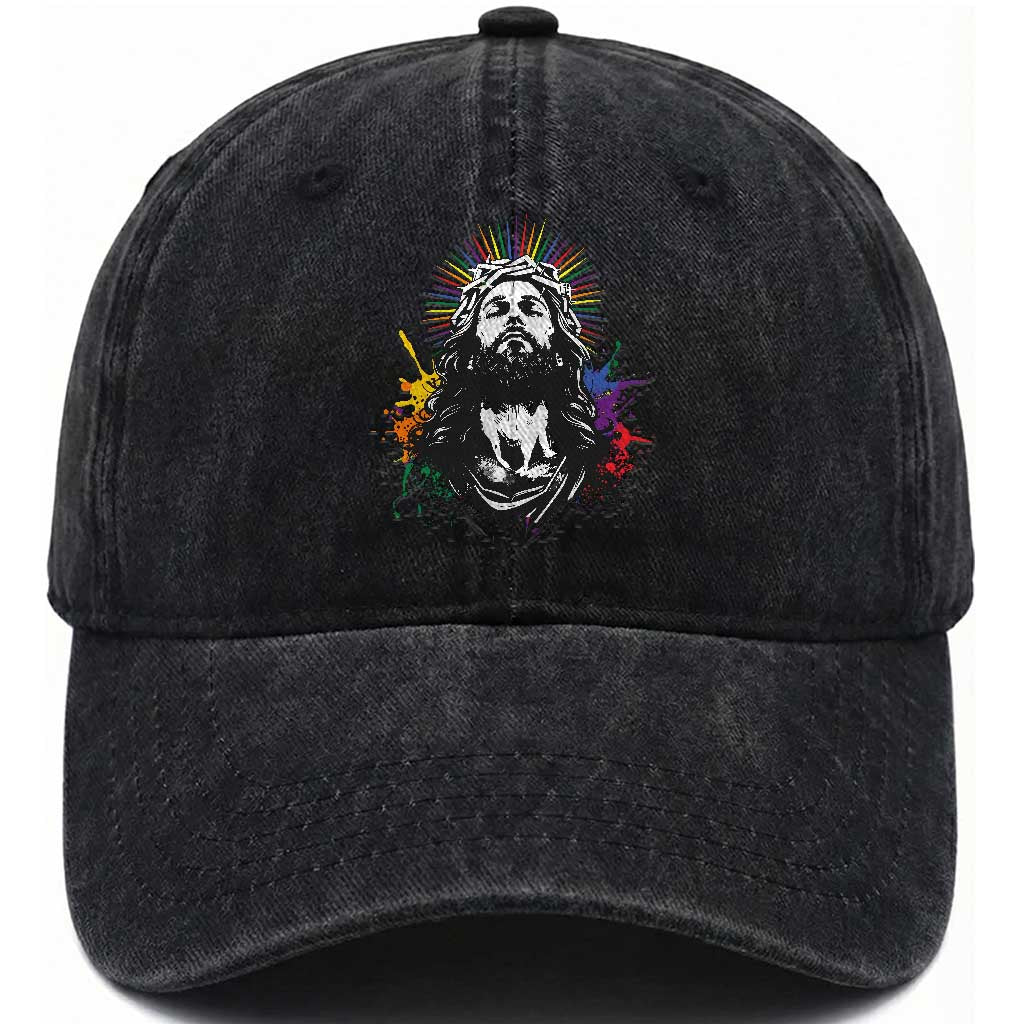 Funny LGBT Gay Pride Jesus Rainbow Flag Christian Washed Cotton Baseball Cap