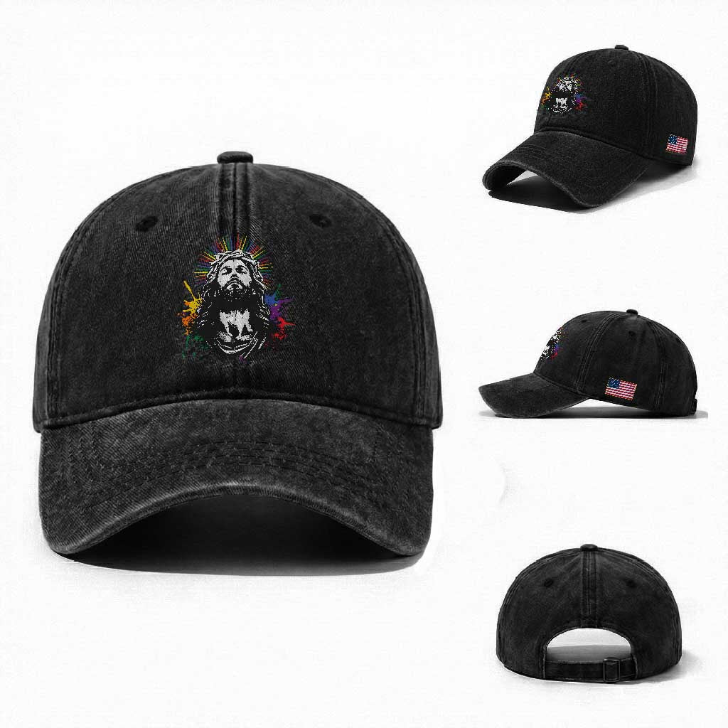 Funny LGBT Gay Pride Jesus Rainbow Flag Christian Washed Cotton Baseball Cap