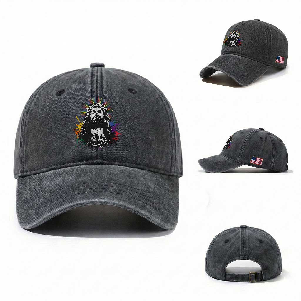 Funny LGBT Gay Pride Jesus Rainbow Flag Christian Washed Cotton Baseball Cap