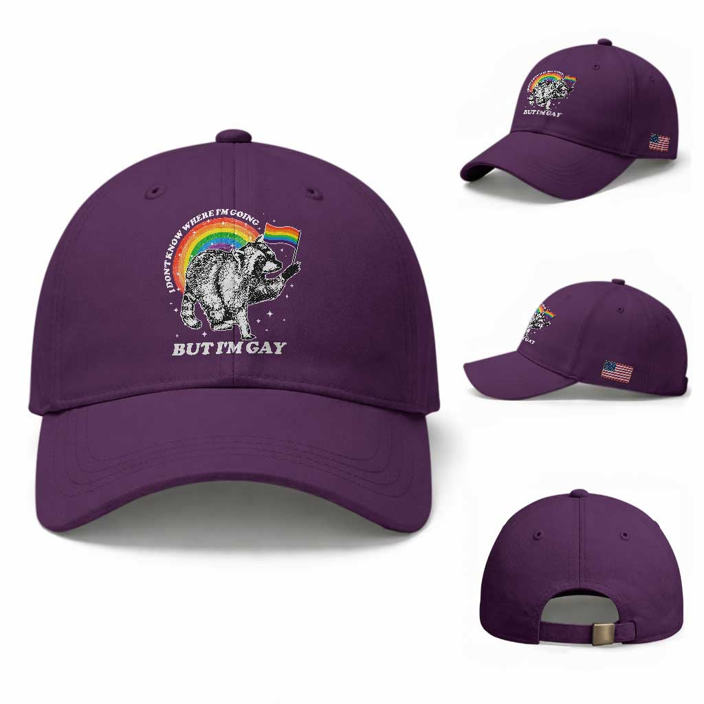 Funny Pride LGBT Racoon Baseball Cap I Don't Know Where I'm Going But I'm Gay Rainbow