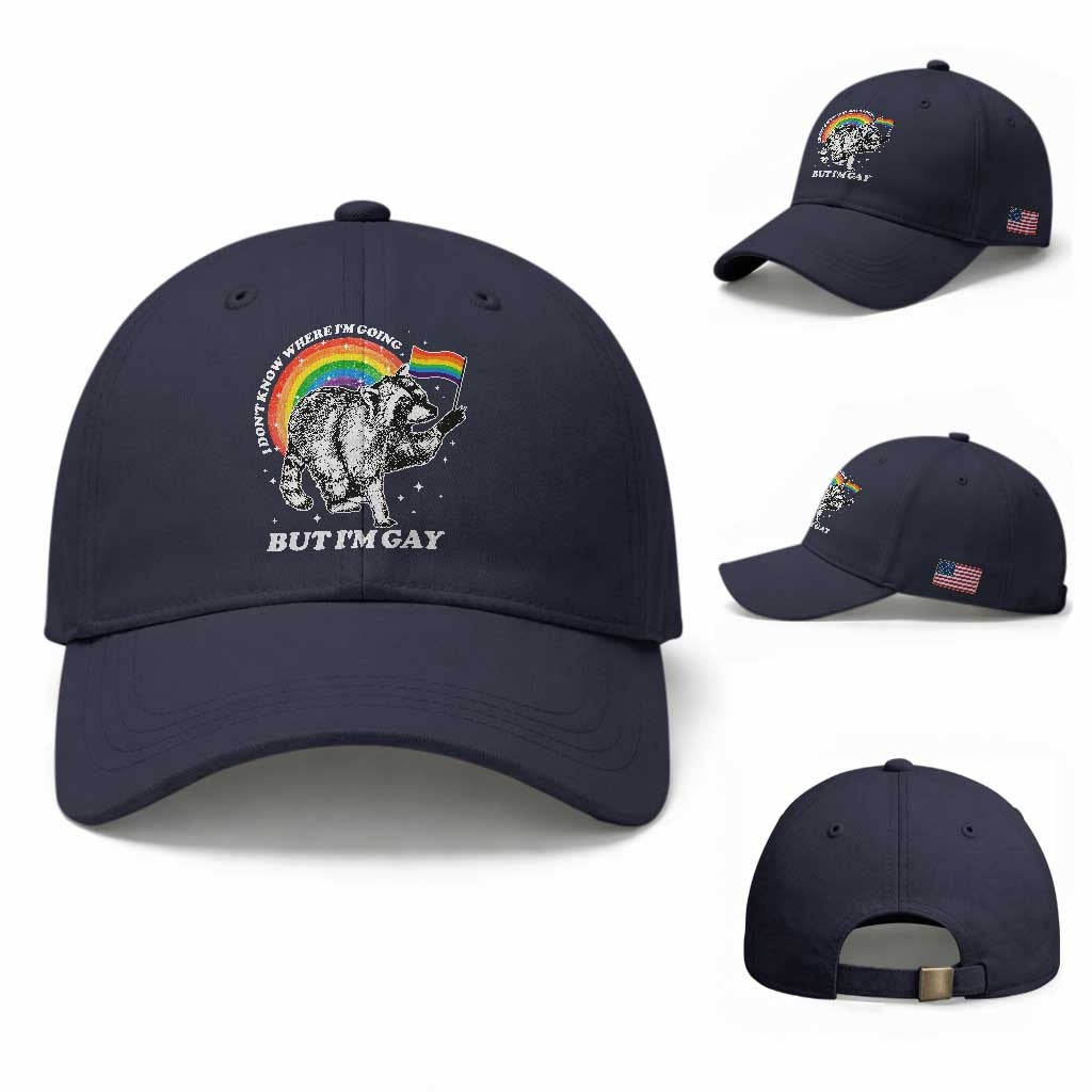 Funny Pride LGBT Racoon Baseball Cap I Don't Know Where I'm Going But I'm Gay Rainbow
