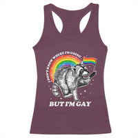 Funny Pride LGBT Racoon Racerback Tank Top I Don't Know Where I'm Going But I'm Gay Rainbow